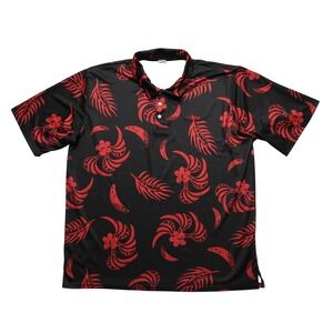 Palmwave Hawaiian Polo Shirt Mens‎ 2XL Black Red Tribal Hibiscus Floral